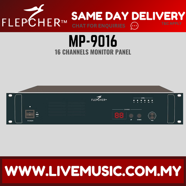 16-channel monitor panel with dark front face, power and channel controls, rack-mount size