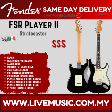 Fender FSR Player II Stratocaster Electric Guitar, RW FB, Black