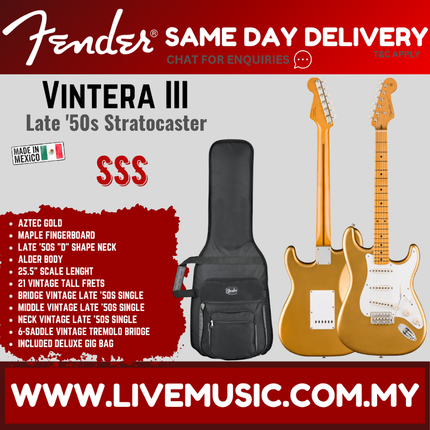 Fender Vintera III Late 50s Stratocaster Electric Guitar, Maple FB, Aztec Gold