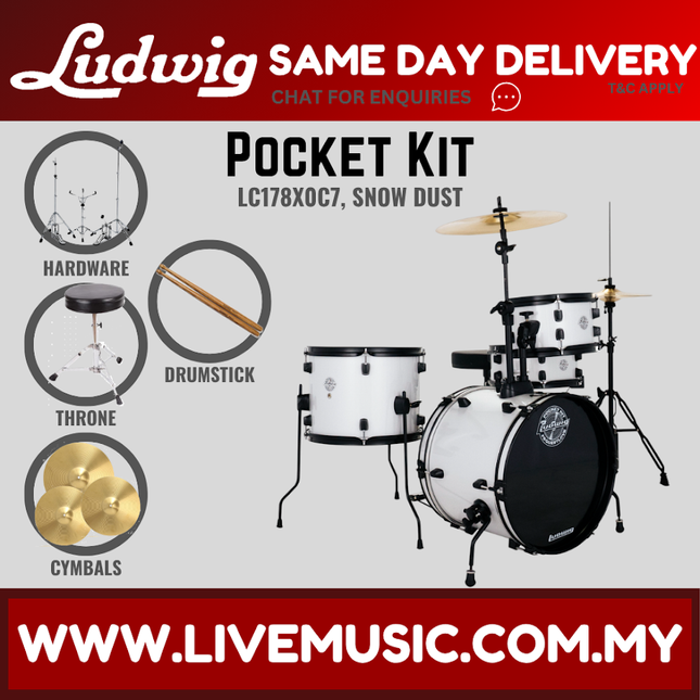 Ludwig LC178X0C7DIR Pocket Kit 4-Piece Drum Kit with Hardware and Cymbals - Snow Dust (LC178X 0C7DIR)