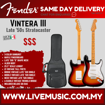 Fender Vintera III Late 50s Stratocaster Electric Guitar, Maple FB, 3-Color Sunburst