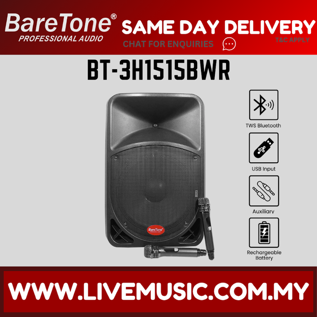 Baretone BT-3H1515BWR 15" Portable Speaker With Two Handheld Wireless Mic ( BT 3H1515BWR BT3H1515BWR )