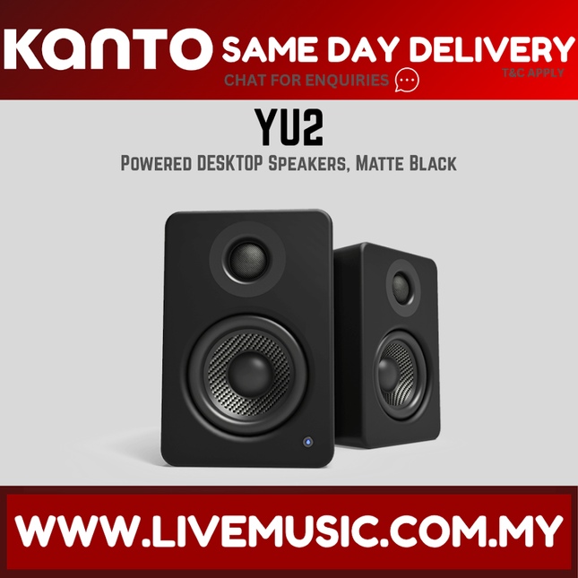 Matte black Kanto YU2 powered desktop speakers, front view with indicator light