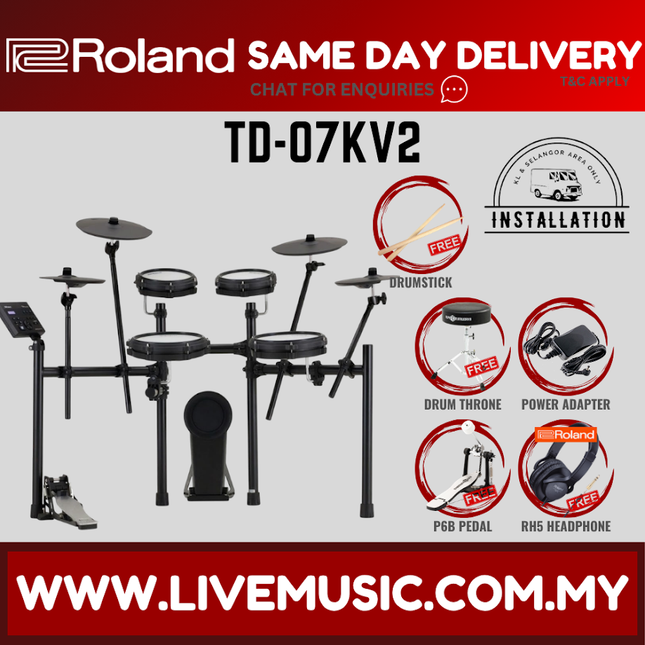 Roland TD-07KV2 Electronic Digital Drum Set with RH-5 Headphones, T1D Drum Throne, Double Kick Pedal, Drumstick ( TD07KV2 / TD07KV ) Replace TD-07KV