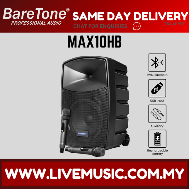 Baretone MAX10HB 10" Portable Speaker with Two UHF Wireless Microphone ( MAX-10HB MAX 10HB )