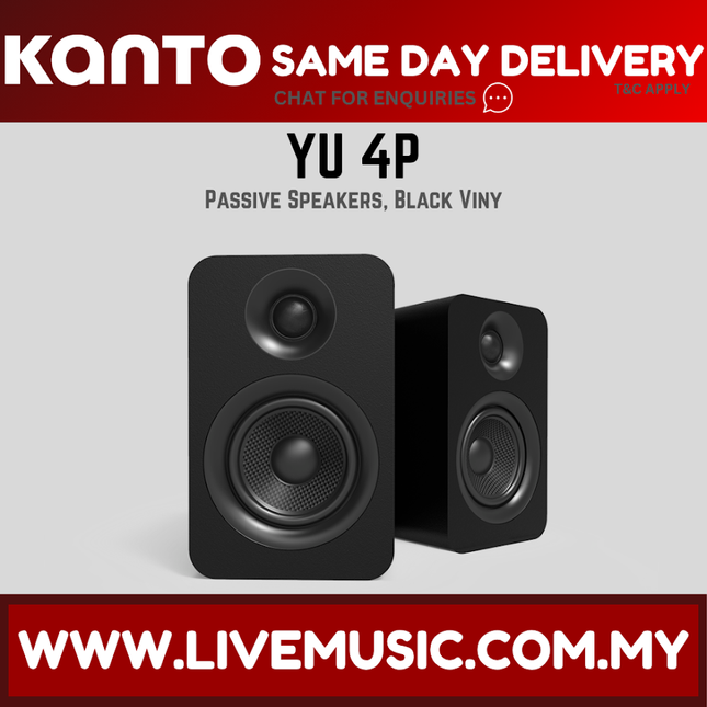 Kanto YU4P passive bookshelf speakers, black vinyl, front and side view