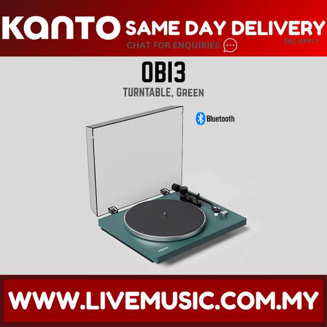 Green turntable with Bluetooth and phono preamp, dust cover open, platter and tonearm