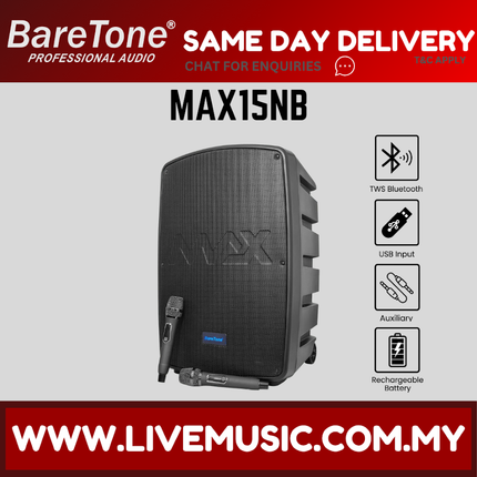 Baretone MAX15NB 15" Active Portable Speaker With 2 Wireless mic ( MAX-15NB MAX 15NB )