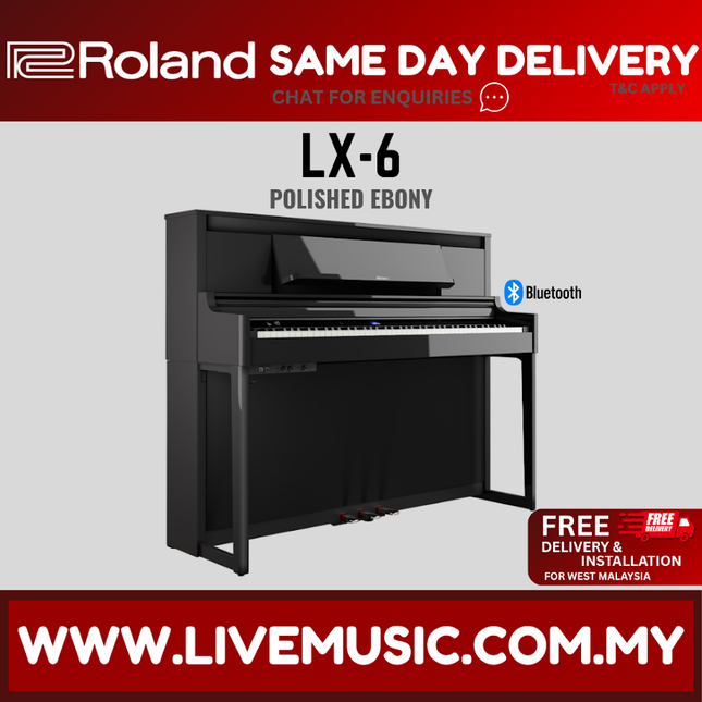 Roland LX-6 polished ebony digital baby grand piano, side view