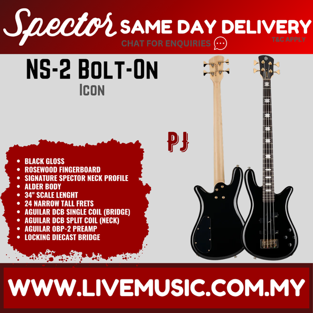 Spector Icon NS 2 Bolt-On 4-String Electric Bass Guitar, Black Gloss