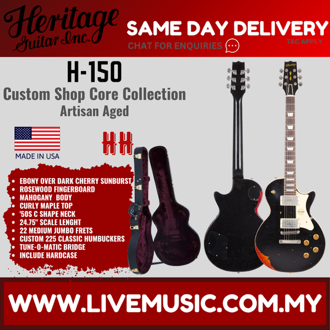 Heritage Custom Shop Core Collection H-150 Electric Guitar, Ebony over Dark Cherry Sunburst, Artisan Aged - ( H150 H 150 )