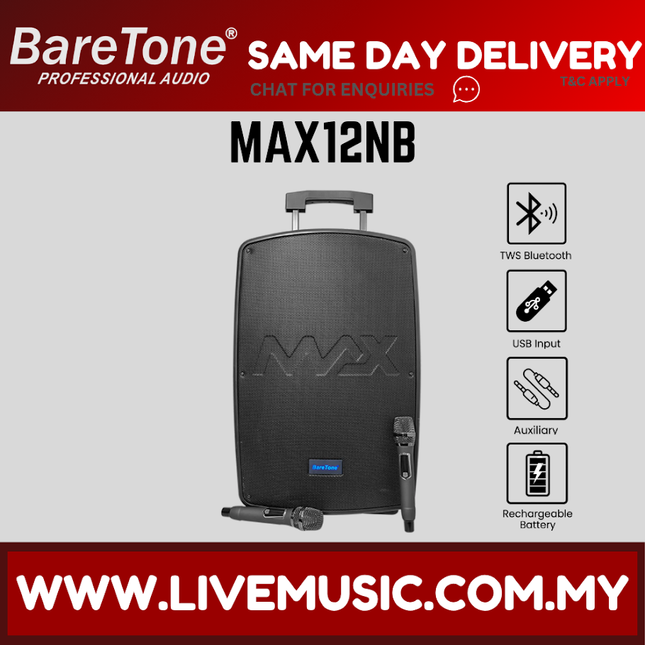 Baretone MAX12NB 12" Portable Speaker Bluetooth with Two UHF Wireless Microphone ( MAX 12NB MAX-12NB )