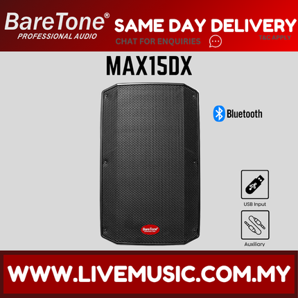BareTone MAX15DX 2 Way Active Loud Speaker With USB/Bluetooth/EQ Preset ( MAX 15DX MAX-15DX )