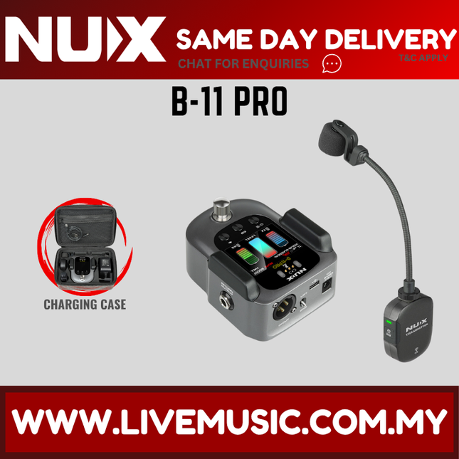 NUX B-11 Pro kit with transmitter, receiver, and charging case