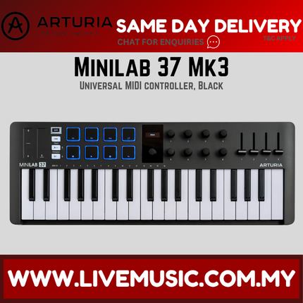 Arturia Minilab 37 Mk3 black MIDI keyboard controller with 37 keys, pads, knobs, and controls