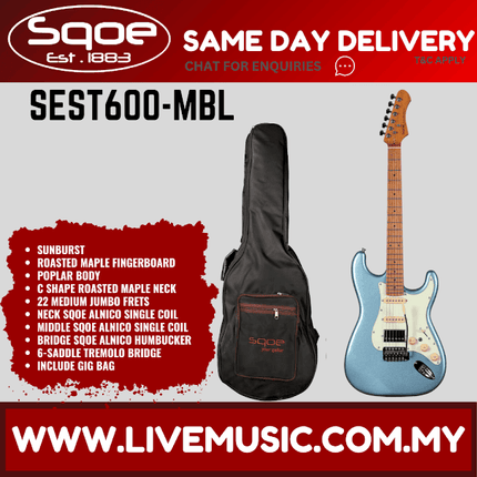 Metallic blue HSS electric guitar with roasted maple fretboard, shown with black gig bag