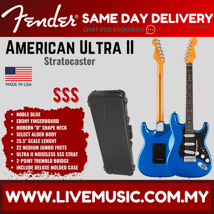 Fender American Ultra II Stratocaster Electric Guitar, Ebony FB, Noble Blue