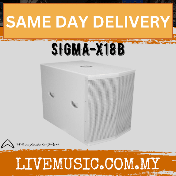 White powered subwoofer speaker with front grille and two control knobs