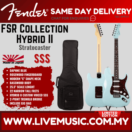 Fender FSR Collection Hybrid II Stratocaster Electric Guitar, RW FB, Daphne Blue