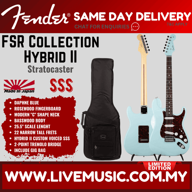 Fender FSR Collection Hybrid II Stratocaster Electric Guitar, RW FB, Daphne Blue