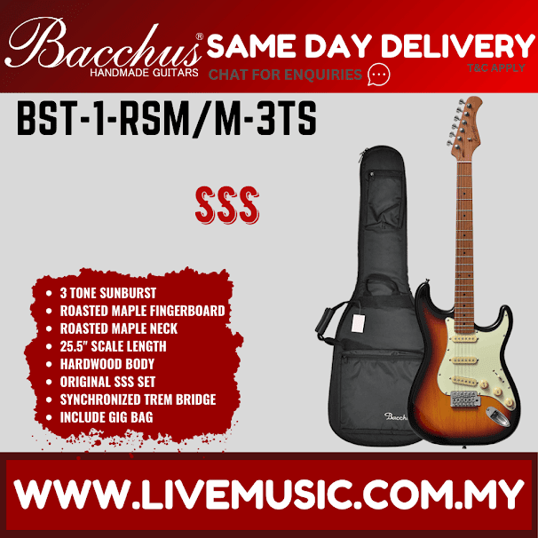 Bacchus electric guitar with roasted maple neck and gig bag, 3-tone sunburst finish