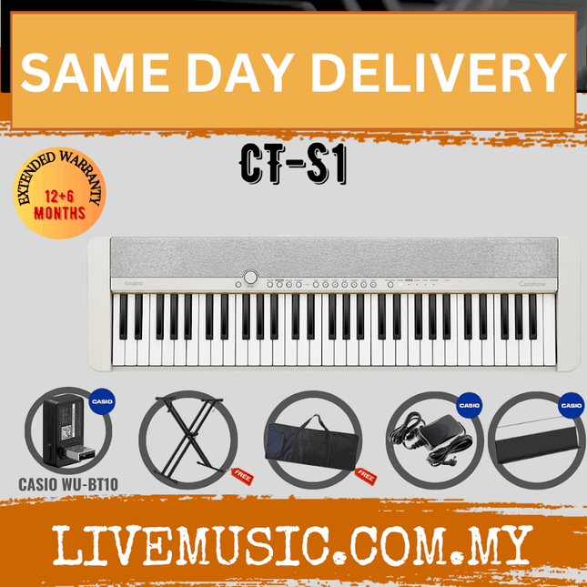 Casio CT-S1 61-key Portable Keyboard w/Keyboard Stand And WU-BT10 Wireless Bluetooth - White ( CTS1 / CT S1 )