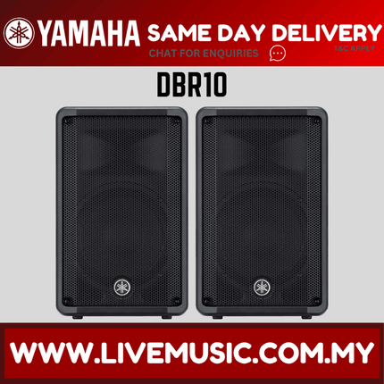 Pair of Yamaha DBR10 powered speakers, front perforated grille, black.