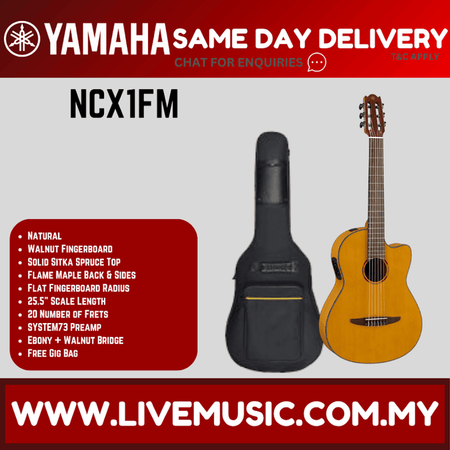 Acoustic-electric nylon string guitar with pickup, amber body, includes black gig bag