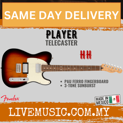 Fender Player HH Telecaster Electric Guitar, Pau Ferro Fretboard - 3-Tone Sunburst