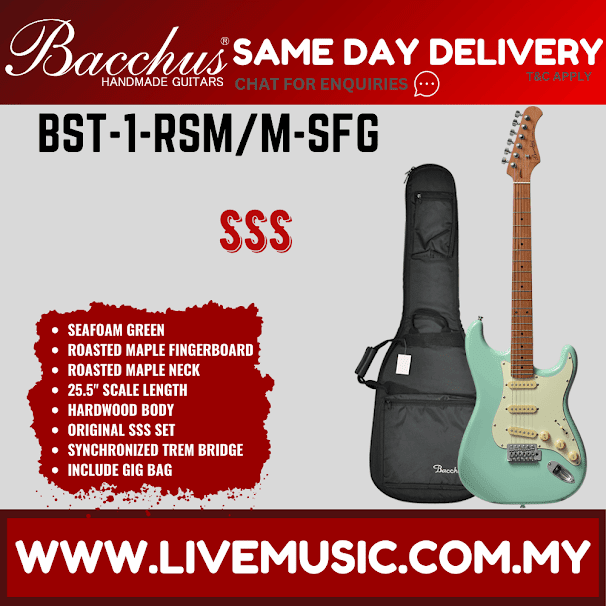 Bacchus seafoam green electric guitar with maple neck and black gig bag