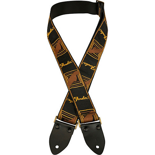 Black guitar strap with V-shaped monogram pattern and two adjustable leather buckles