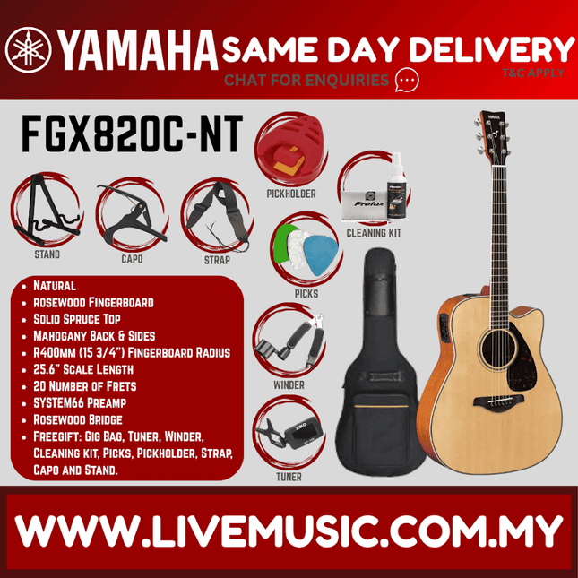 Yamaha FGX820C Dreadnought Cutaway Acoustic-Electric Guitar - Natural ( FGX-820C-NT / FGX820C-BL )