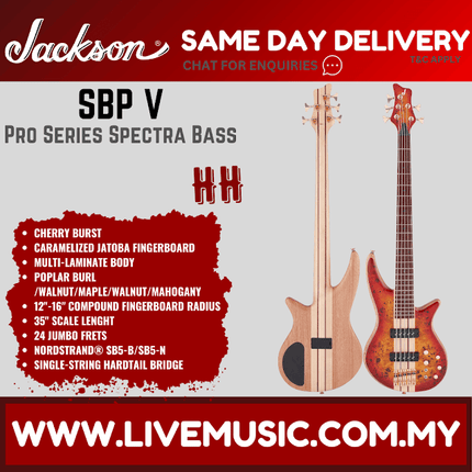 Jackson Pro Series Spectra SBP V Bass Guitar, Caramelized Jatoba FB, Transparent Cherry Burst