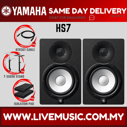 Black Yamaha HS7 powered studio monitors with TSS090 stand and isolation pad icons