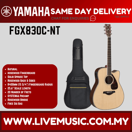 Yamaha FGX830C Dreadnought Cutaway Acoustic-Electric Guitar - Natural ( FGX-830C-BK / FGX830C-NT ) (Copy)