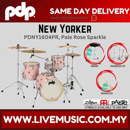 PDP New Yorker 4-piece Shell Pack With Cymbals Set - Pale Rose Sparkle ( PDNY1604PR / PDNY1604 )