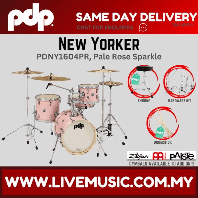 PDP New Yorker 4-piece Shell Pack With Cymbals Set - Pale Rose Sparkle ( PDNY1604PR / PDNY1604 )
