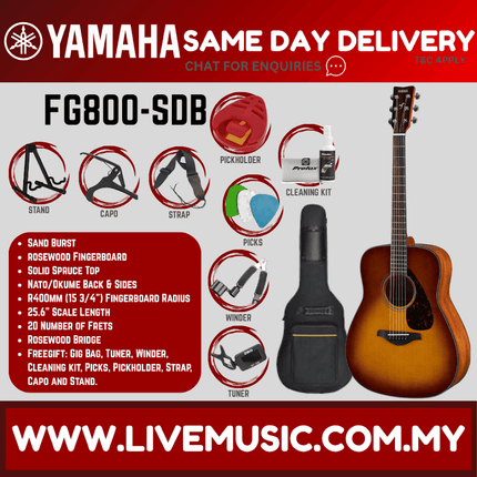 Yamaha FG800 41" Dreadnought Solid Sitka Spruce Top Acoustic Guitar- Sand Burst (FG 800)
