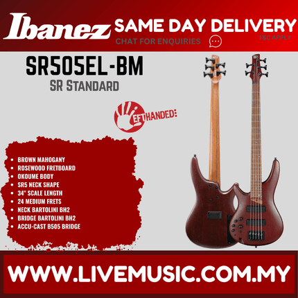 Ibanez SR505EL-BM Left-Handed Electric Bass Guitar, Brown Mahogany ( SR505EL BM / SR505ELBM )