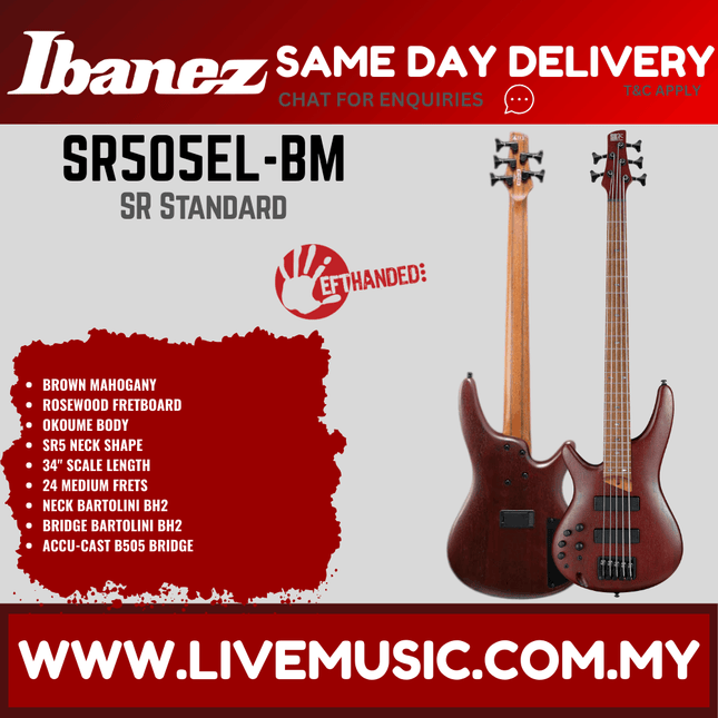 Ibanez SR505EL-BM Left-Handed Electric Bass Guitar, Brown Mahogany ( SR505EL BM / SR505ELBM )