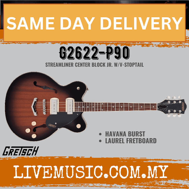 Gretsch G2622-P90 Streamliner Center Block Double-Cut Electric Guitar, Laurel FB, Havana Burst/Claret Burst