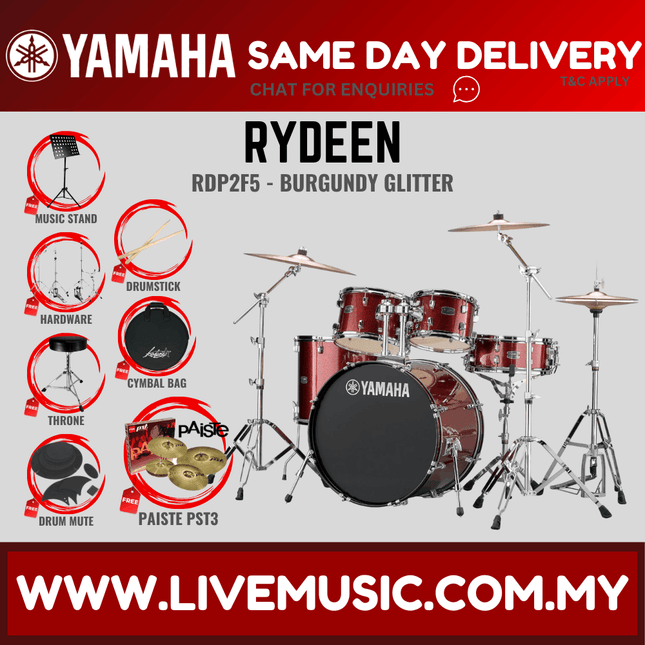 Yamaha Rydeen 5-piece RDP2F5 Acoustic Drum Set w/Paiste PST 3 Cymbal Set, Drum Mute, Drumsticks & Stool ( RDP2F5 )
