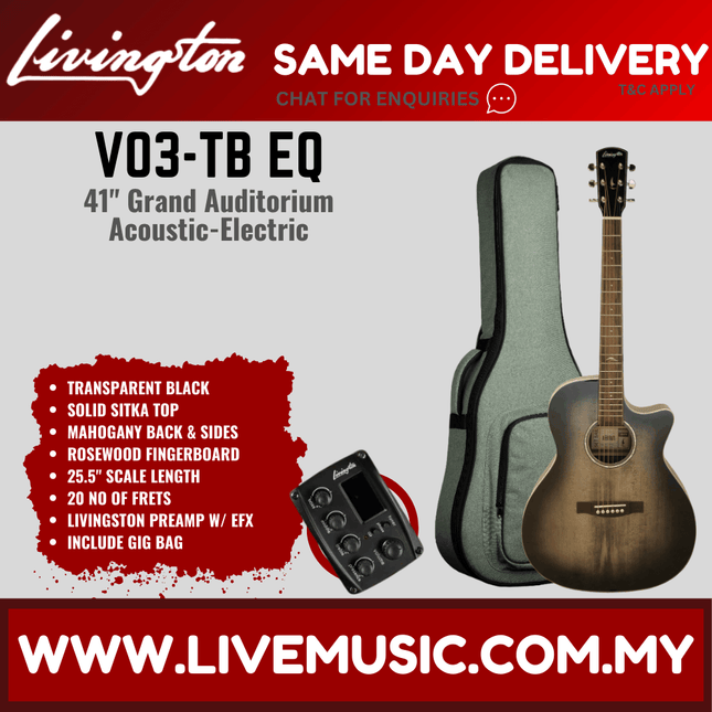 Transparent black acoustic-electric guitar with padded gig bag and EQ preamp pedal.