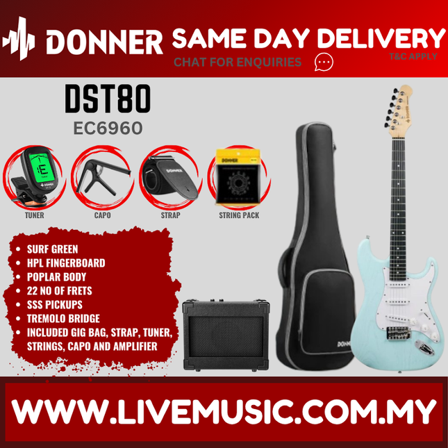 Donner EC6960 DST-80 Electric Guitar w/Gigbag, HPL Fingerboard, Surf Green ( DST80 / DST 80 )