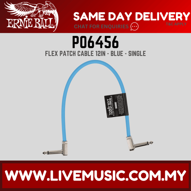 Ernie Ball P06456 FLEX Instrument Patch Cable 12 Inch Single, Blue