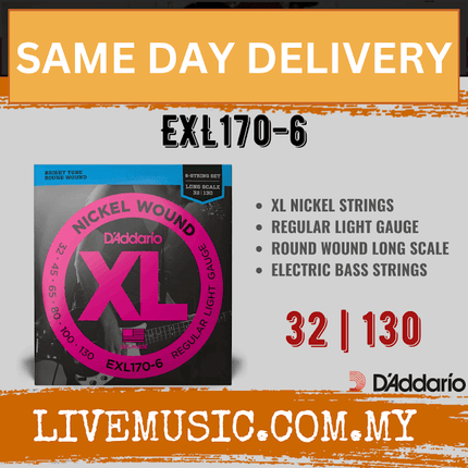 D'Addario EXL170-6 - Nickel Wound 6-String Bass Strings, Light, , Long Scale (32-130)(DAddario/EXL170)