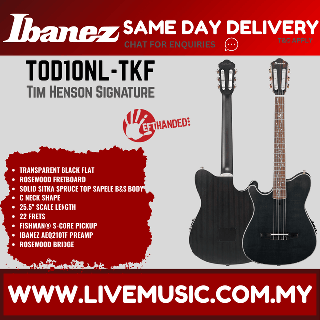 Ibanez TOD10NL-TKF Tim Henson Signature Acoustic-Electric Left-Handed Guitar, Transparent Black Flat (TOD10NL TKF/TOD10NLTKF)