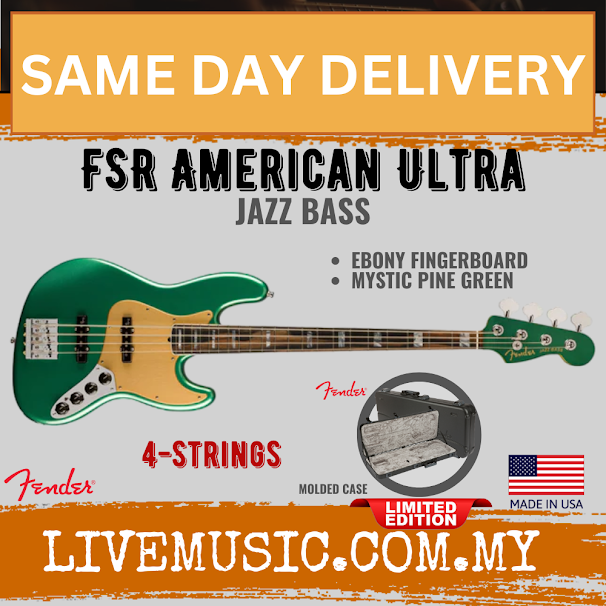 Fender American Ultra Jazz Bass guitar, mystic pine green body with ebony fingerboard