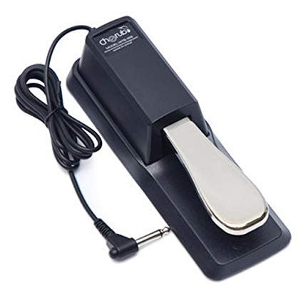 Black sustain pedal for keyboards with metal plug and coiled cable