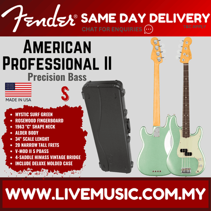 Fender American Professional II Precision Bass Electric Guitar, Rosewood Fretboard - Mystic Surf Green